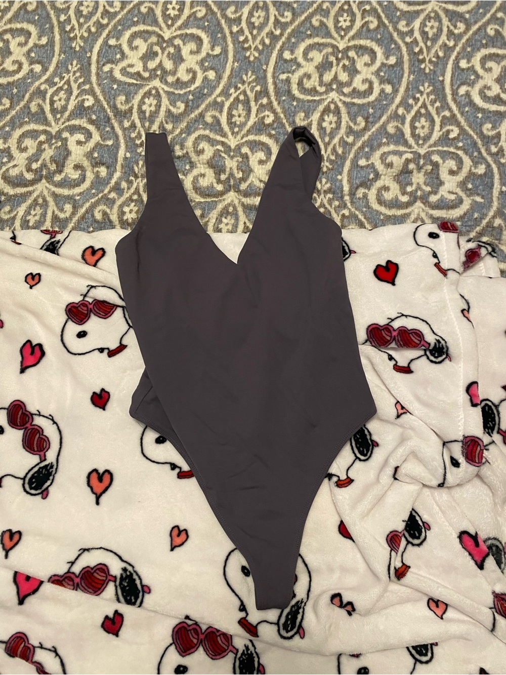 Babaton Charcoal V-Neck Bodysuit in Gray
